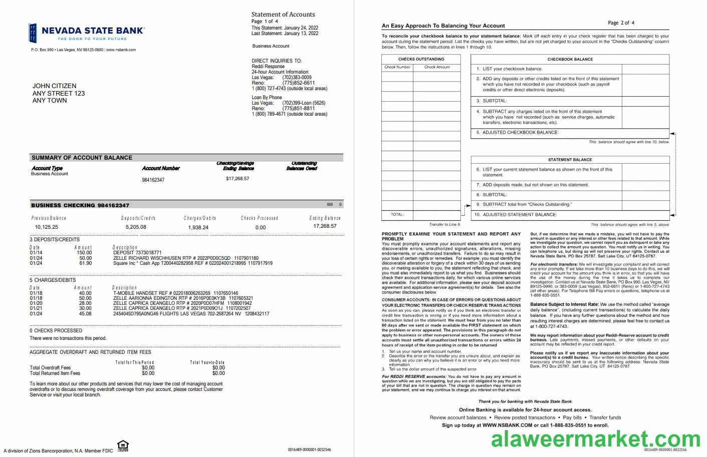 USA Nevada State Bank business checking st 4 pages